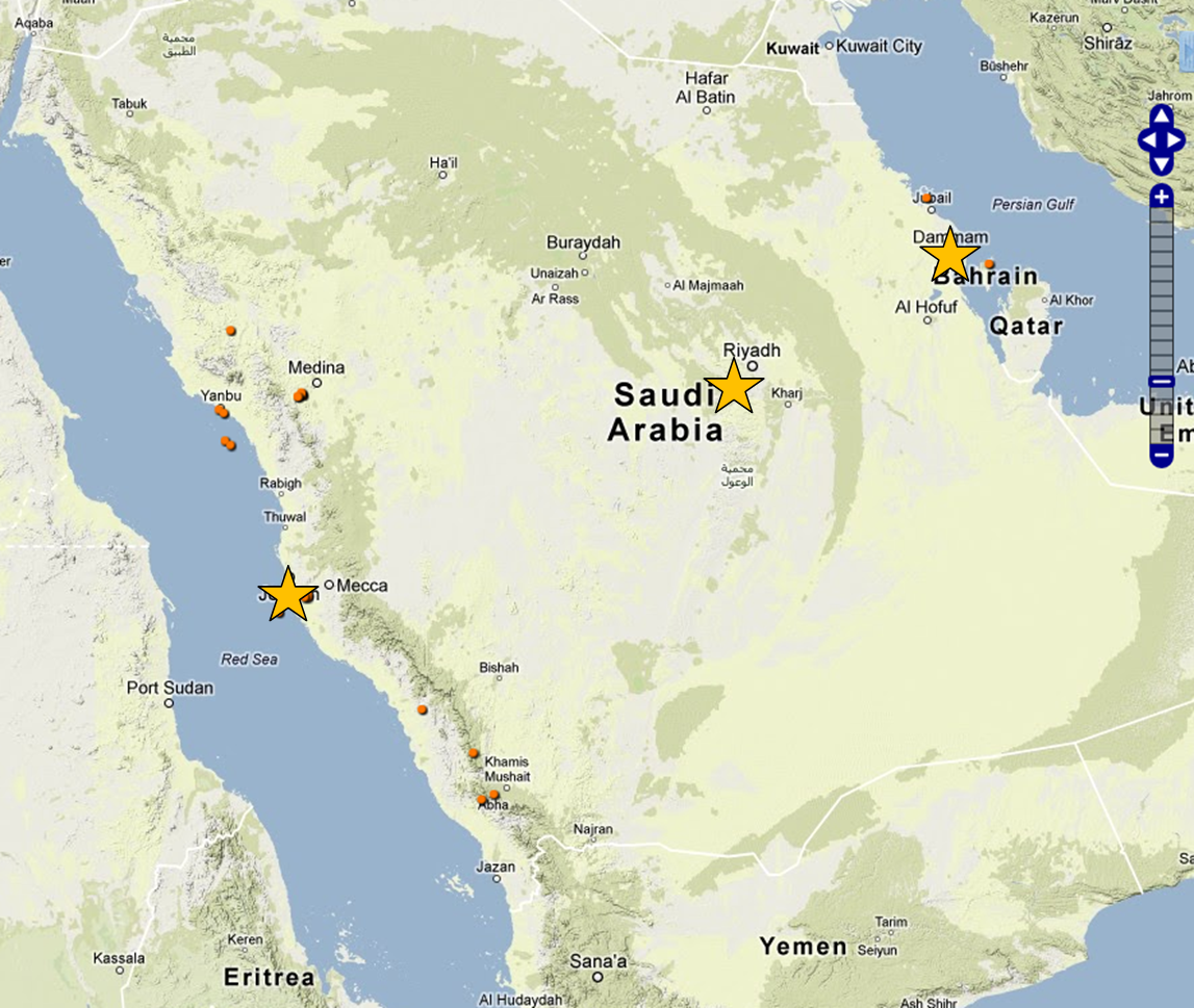 Map of Saudi Arabai with schools highlighted