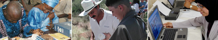 Three images of teachers showing students GLOBE activities in different countries.