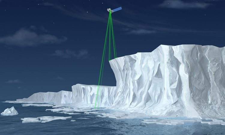 Illustration of NASA’s Ice, Cloud, and land Elevation Satellite-2 (ICESat-2), a mission to measure the changing height of Earth’s ice. (Credit: NASA) 