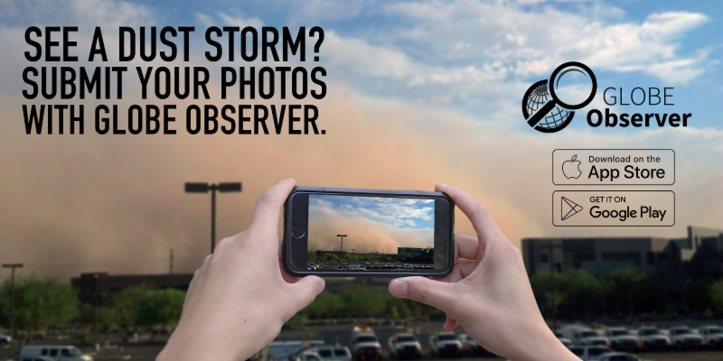 A sharable depicting hands holding up a phone that is capturing a dust storm on screen.