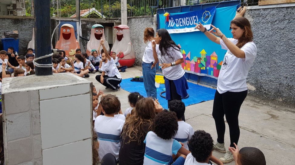 Rio, Brazil. Using the skills they worked on during the 2018 GLOBE virtual exchange pilot, the Escola Municipal Minas Gerais Science Club performed plays, put on demonstrations, and even designed board games to promote awareness of mosquito-borne diseases and their prevention.