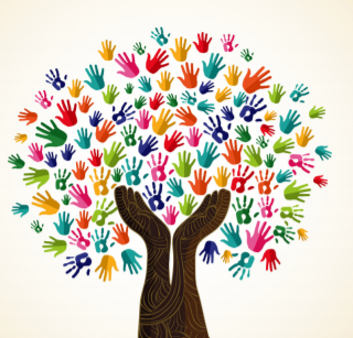 Graphic of a tree with hands of many colors, shapes, and sizes