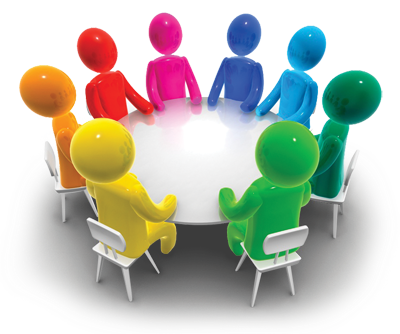 Graphic of a wide variety of people sitting around a table for discussion.