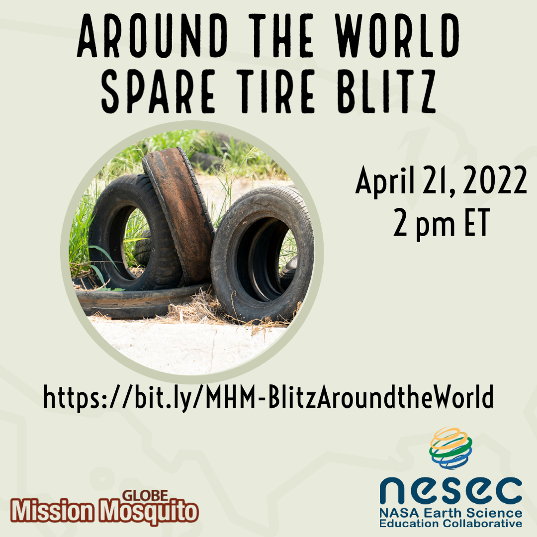 The GLOBE Mission Mosquito 21 April webinar shareable, showing a photo of discarded tires