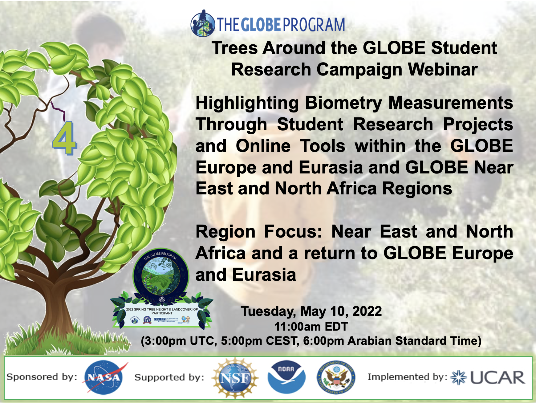 Trees Around the GLOBE 10 May webinar shareable, showing the title of the webinar