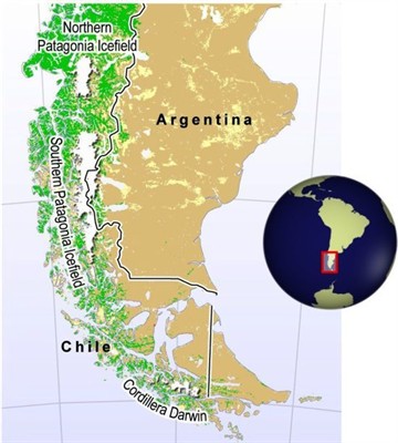 Map of the Patagonian Ice Fields, created by Hugo Ahlenius, UNEP/GRID-Arendal