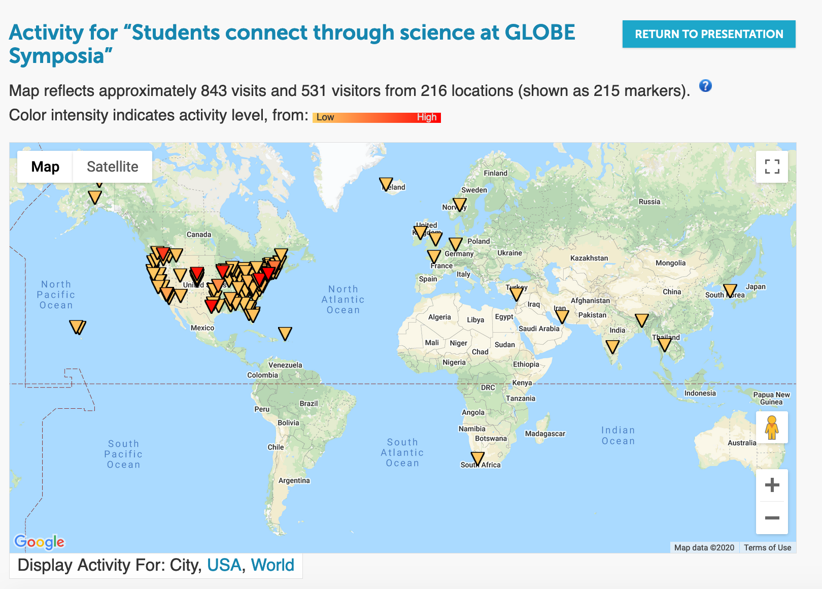 map showing where the SRS STEM for All video was viewed. Map reflects approximately 843 visits and 531 visitors from 216 locations (shown as 215 markers). 